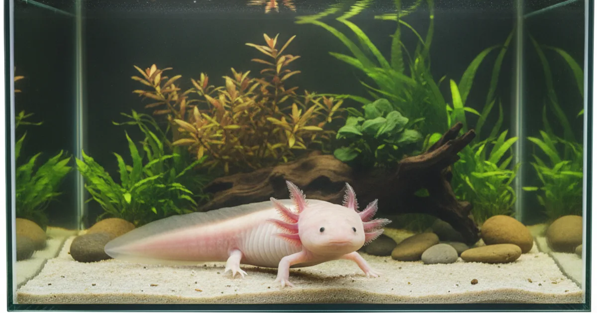 Un axolotl rose dans un aquarium d'eau froide bien aménagé.