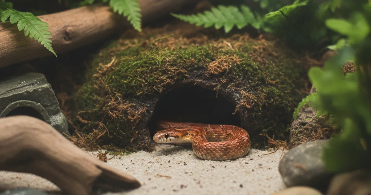 Cachette humide garnie de sphaigne naturelle pour serpent des blés dans un terrarium