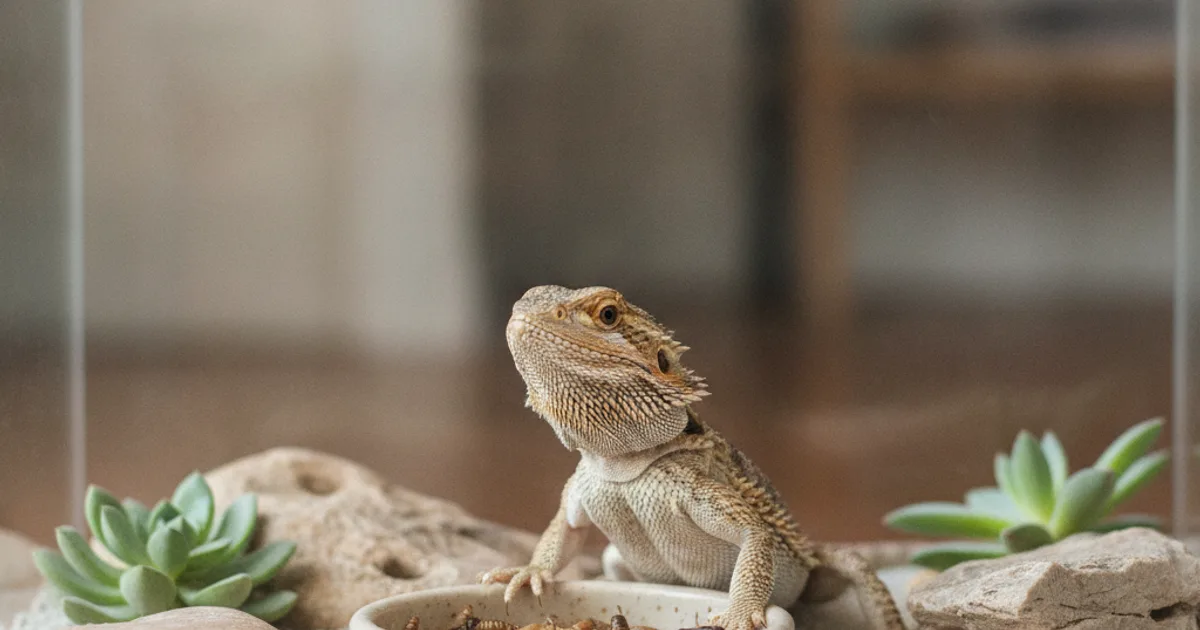 Un pogona juvénile s'apprêtant à manger un grillon dans son terrarium