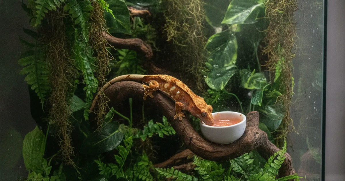 Gecko à crête posé sur une branche de terrarium tropical humide