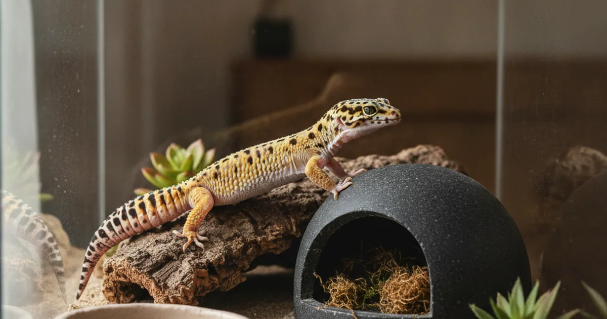 Un gecko léopard en gros plan dans son terrarium près d'une cachette humide