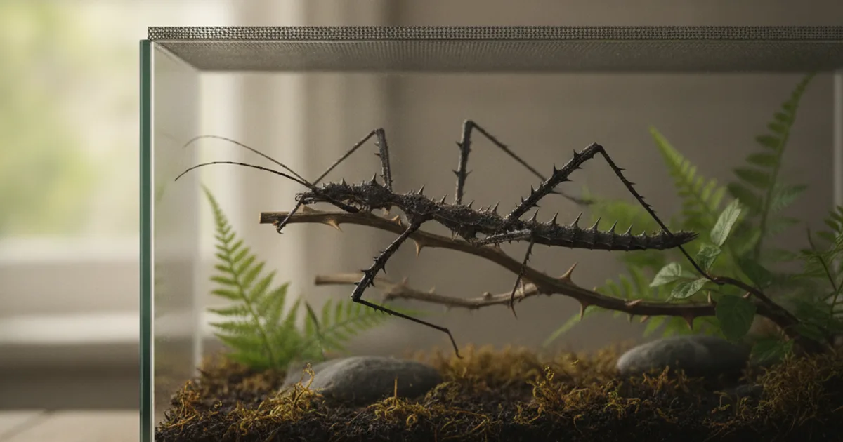 Phasme bâton du Vietnam posé sur une feuille de ronce verte dans son terrarium