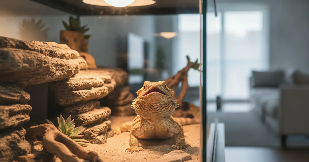 Pogona vitticeps adulte ouvrant la bouche sur sa branche sous une lampe chauffante dans son terrarium