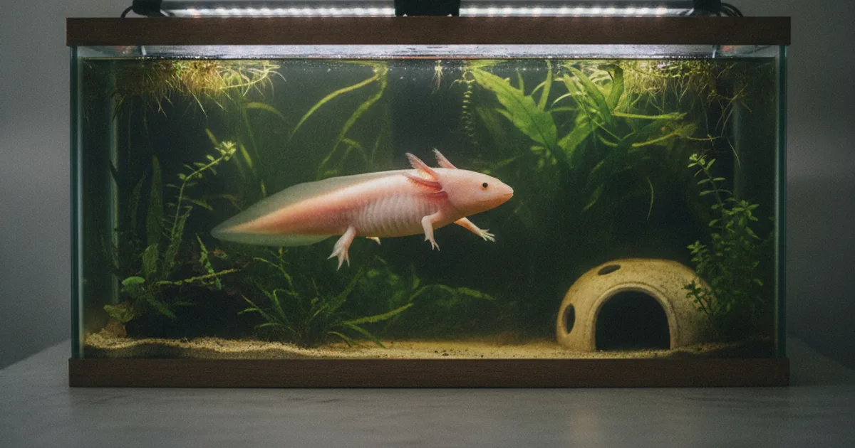 Aquarium pour axolotl avec éclairage LED tamisé et plantes aquatiques
