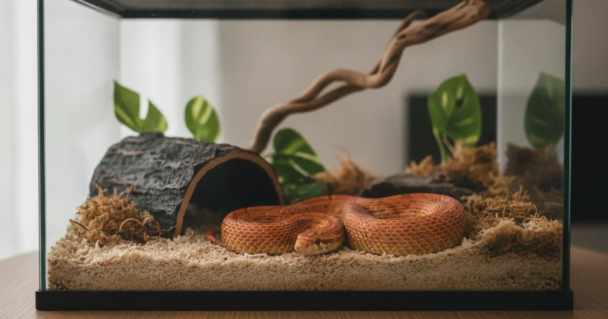 Tapis chauffant installé sous un terrarium pour serpent des blés
