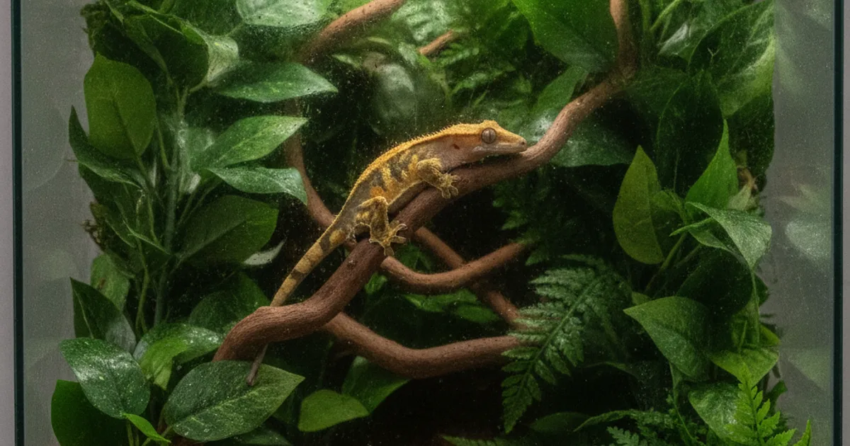 Gecko à crête posé sur une branche dans son terrarium tropical