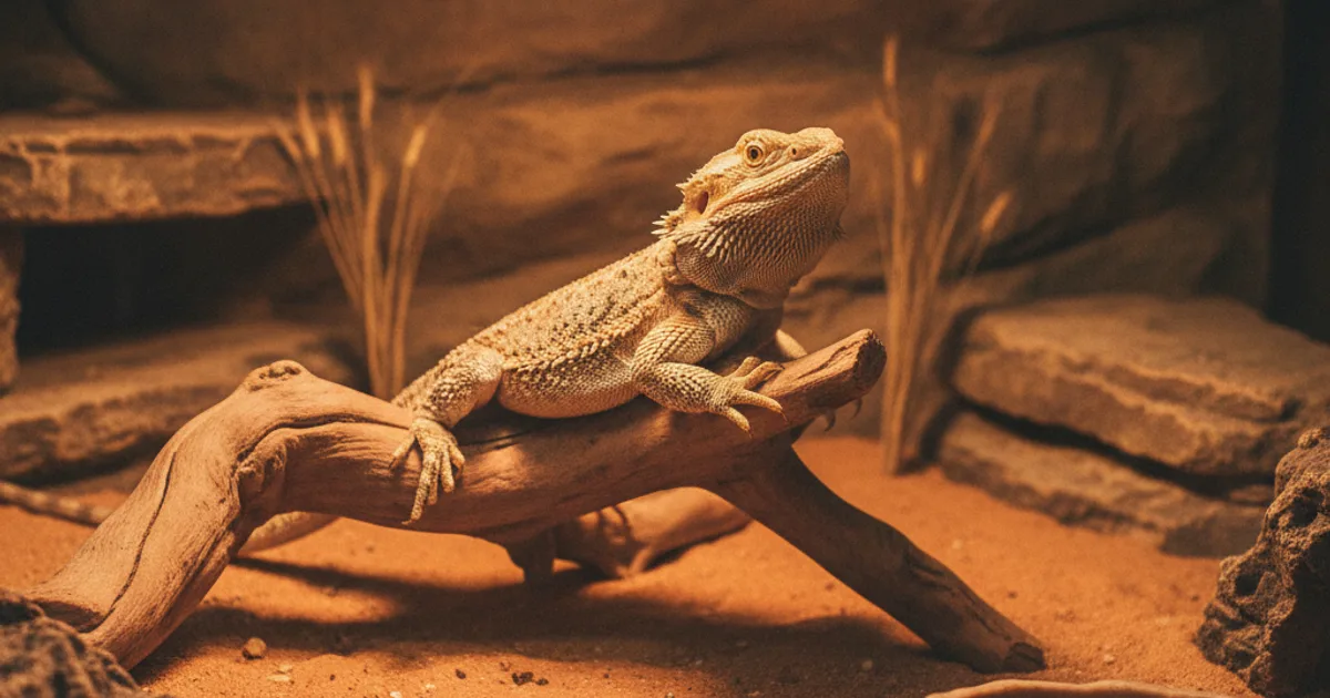 Un pogona vitticeps se chauffant sous une lampe UVB dans son terrarium