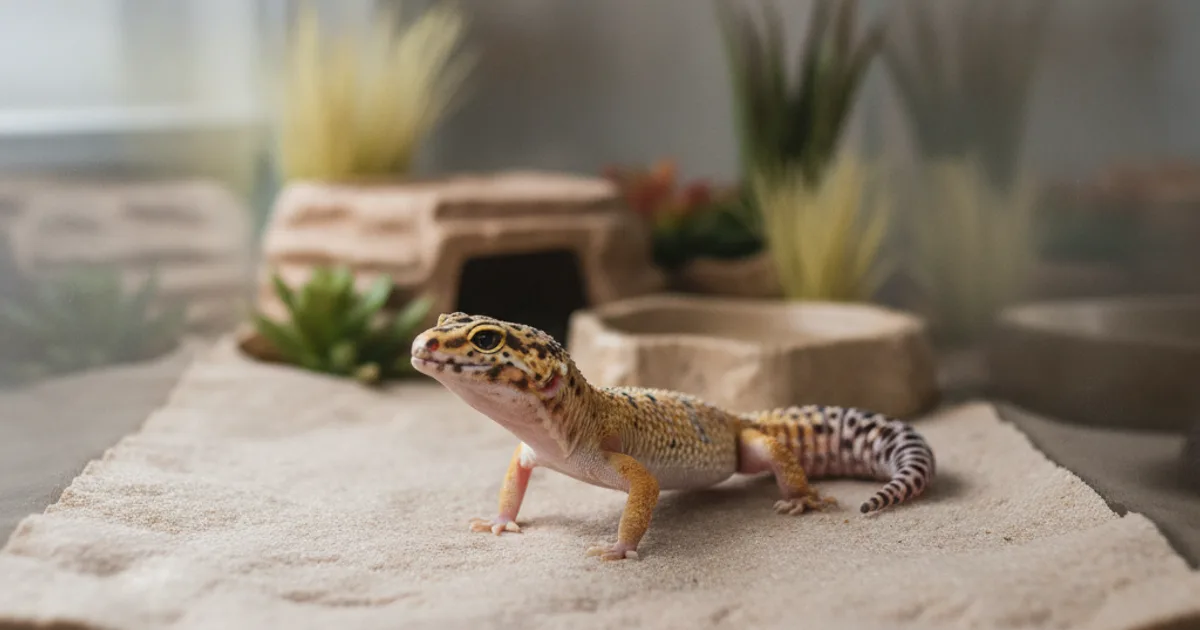 Gecko léopard sur un sol rocheux et compact dans son terrarium