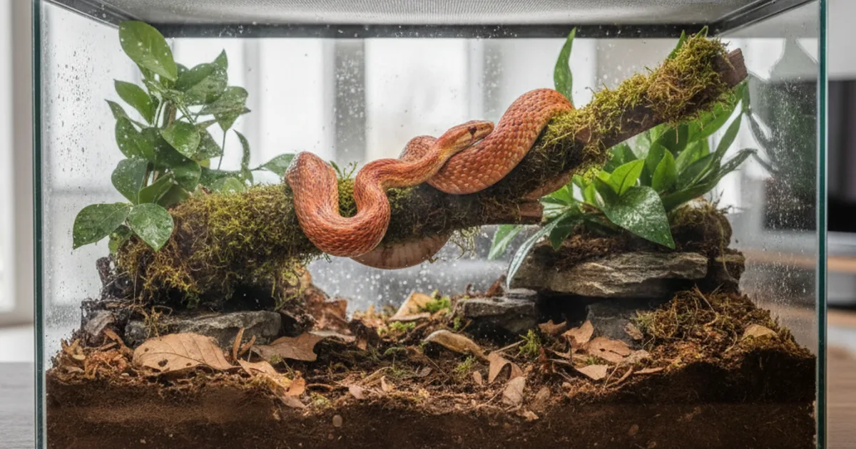 Terrarium équipé pour un serpent des blés avec branches et cachettes